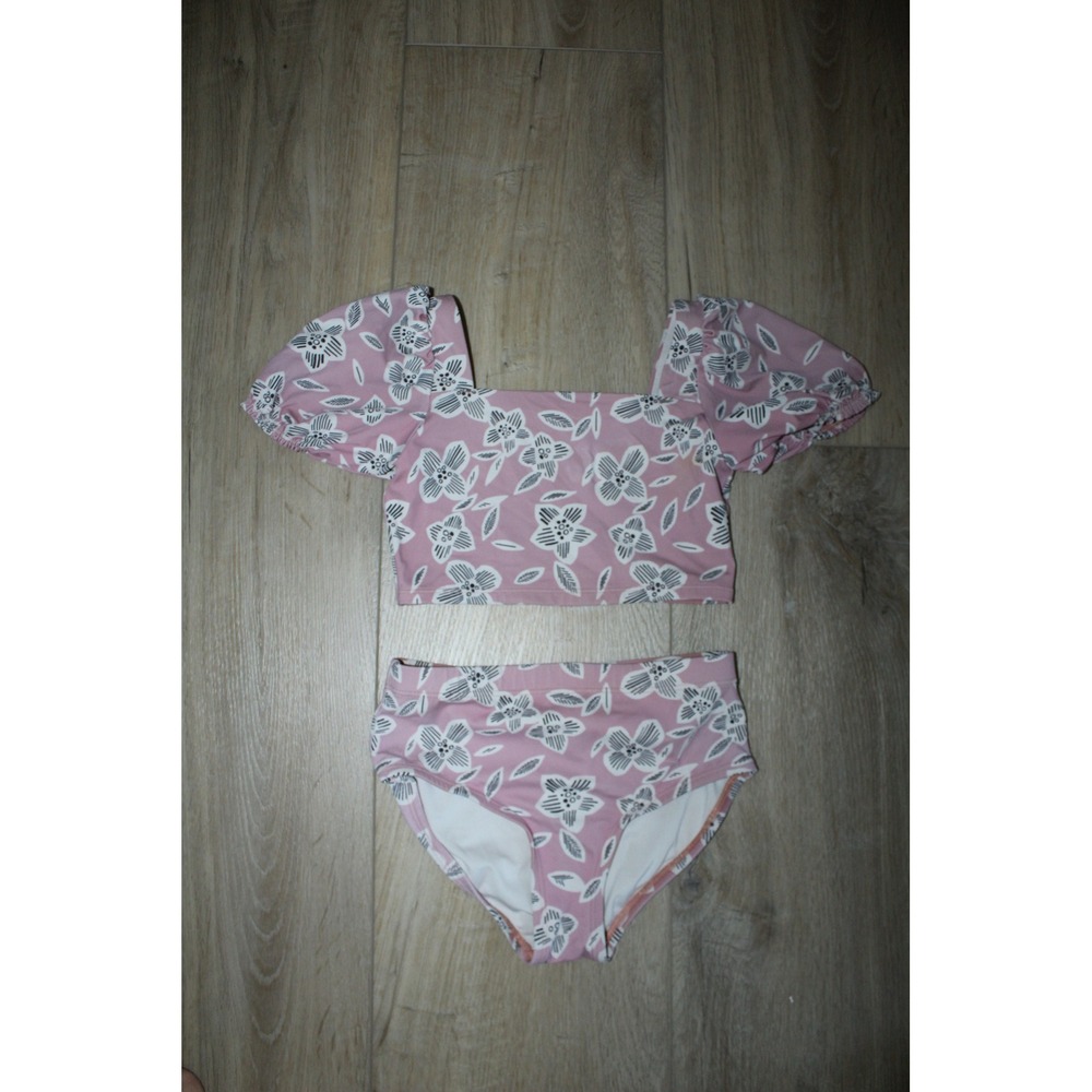 Hanna Andersson Girls Pink Floral Puff Sleeve Bikini Set 2 Piece Size 6-7 120cm
